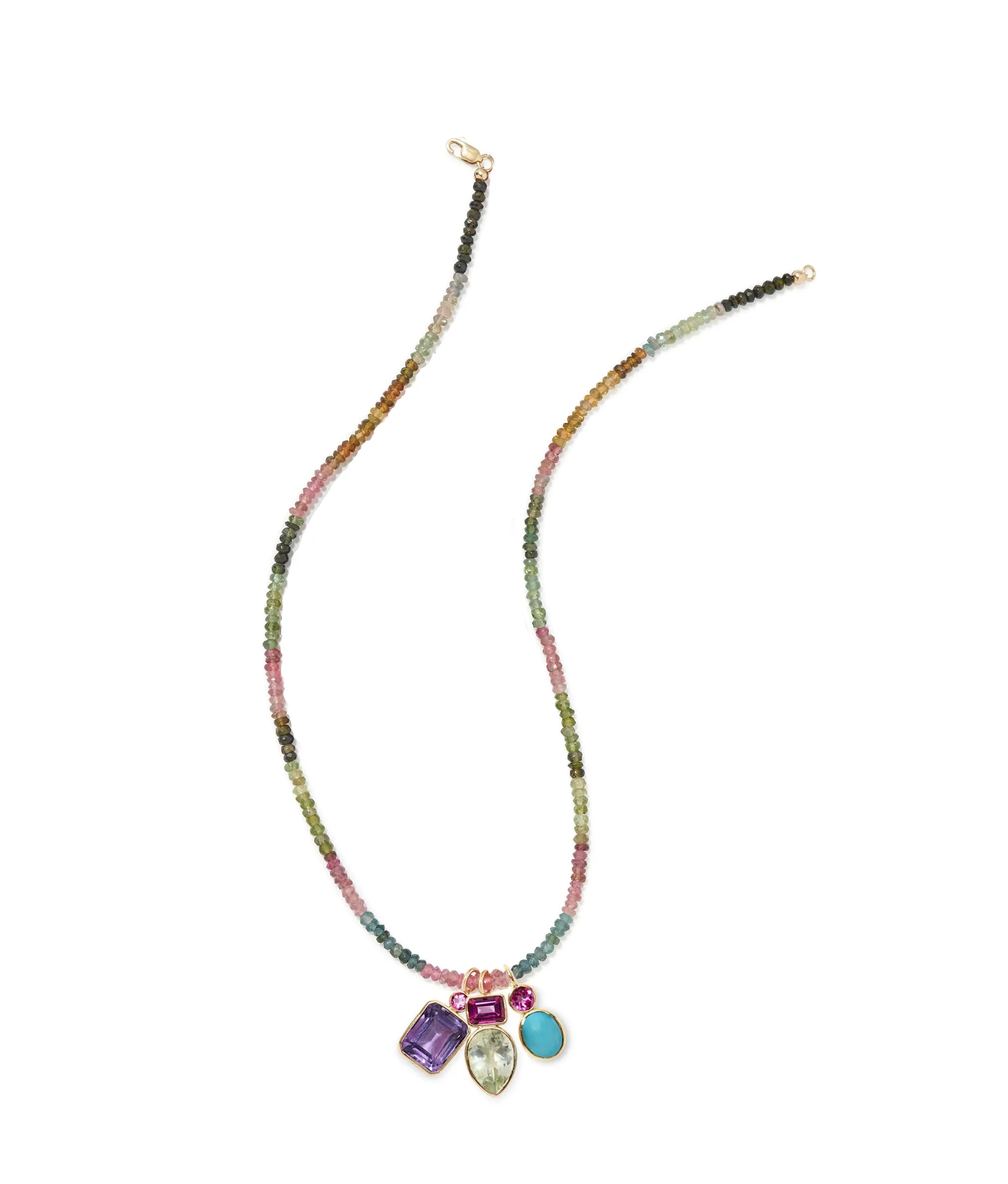Tiny Beaded 14k Gold Necklace in Rainbow Tourmaline