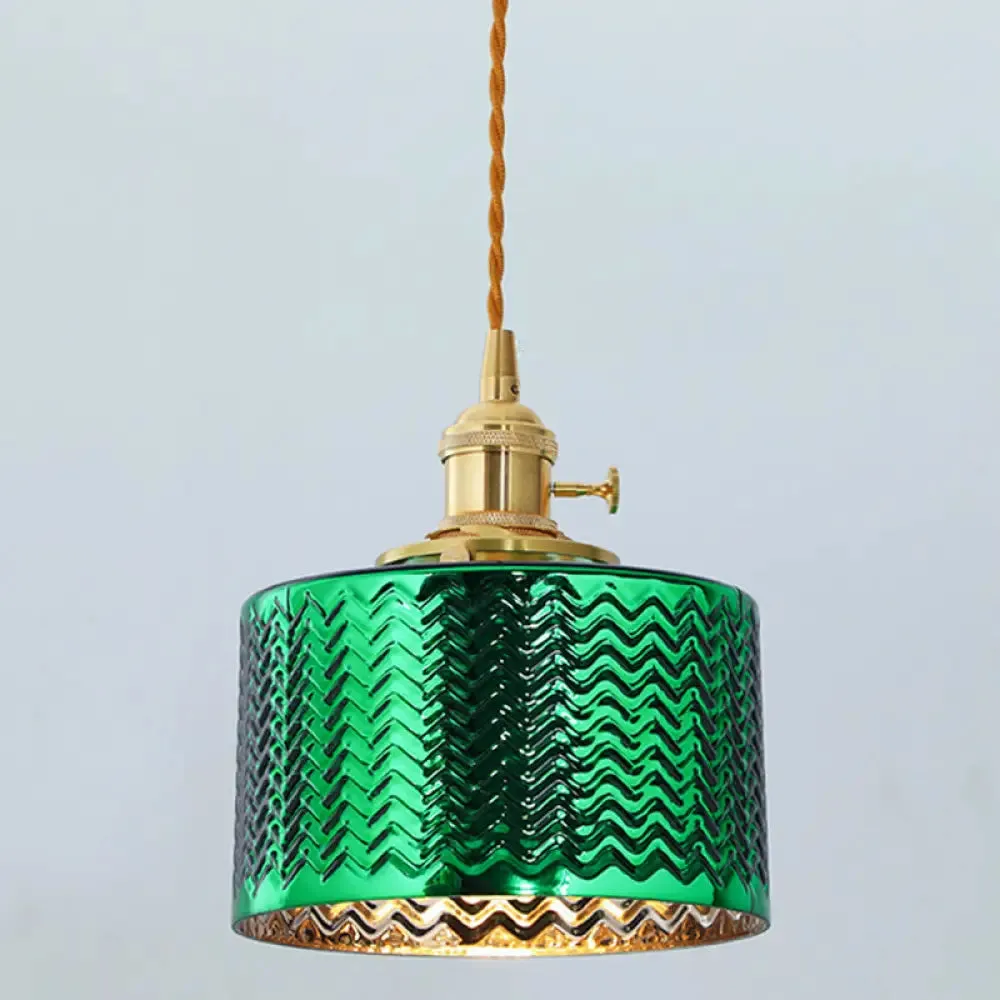 Vintage Wave Glass Bedside Hanging Lamp - Cylindrical, 1 Bulb Pendant Light Fixture