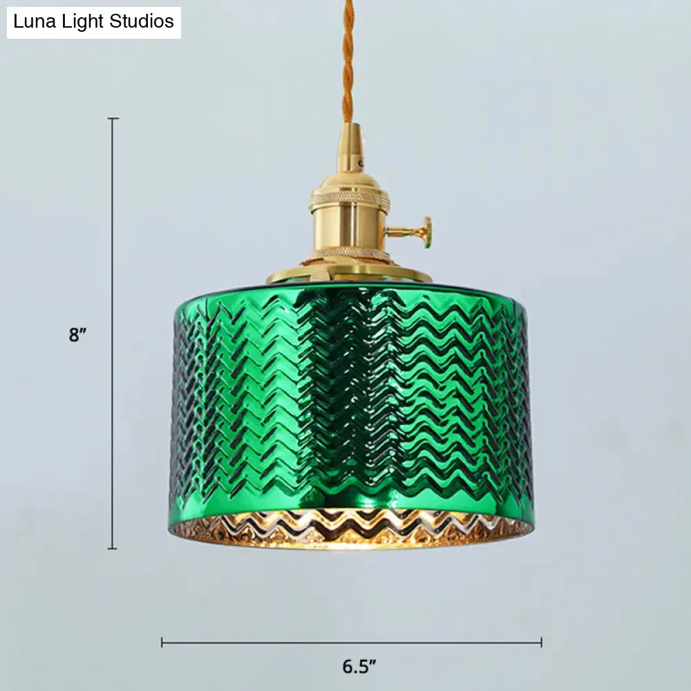 Vintage Wave Glass Bedside Hanging Lamp - Cylindrical, 1 Bulb Pendant Light Fixture